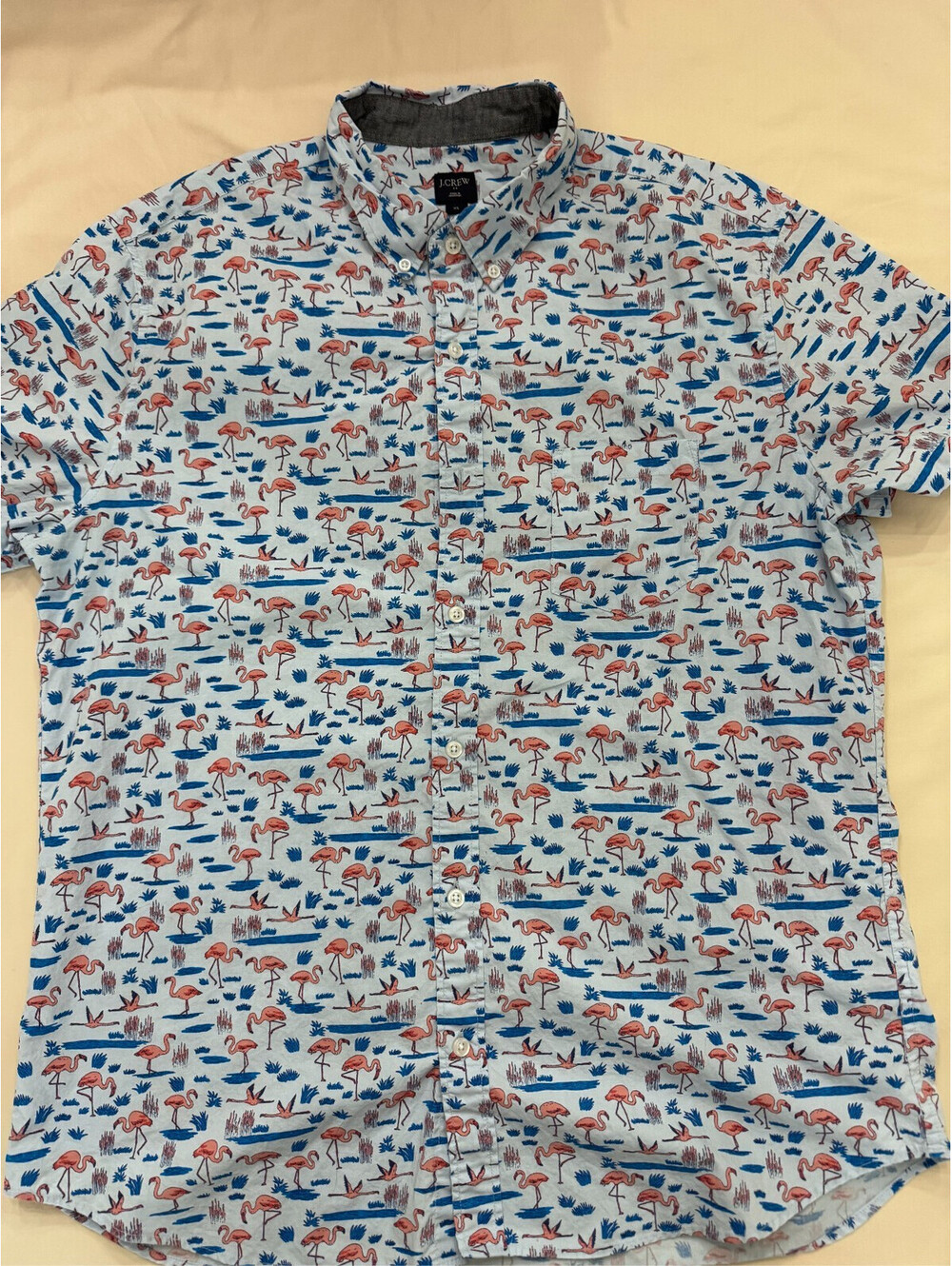 J. Crew Men's Shirt XL Light Blue w/ Flamingo Pattern Button Down Collar